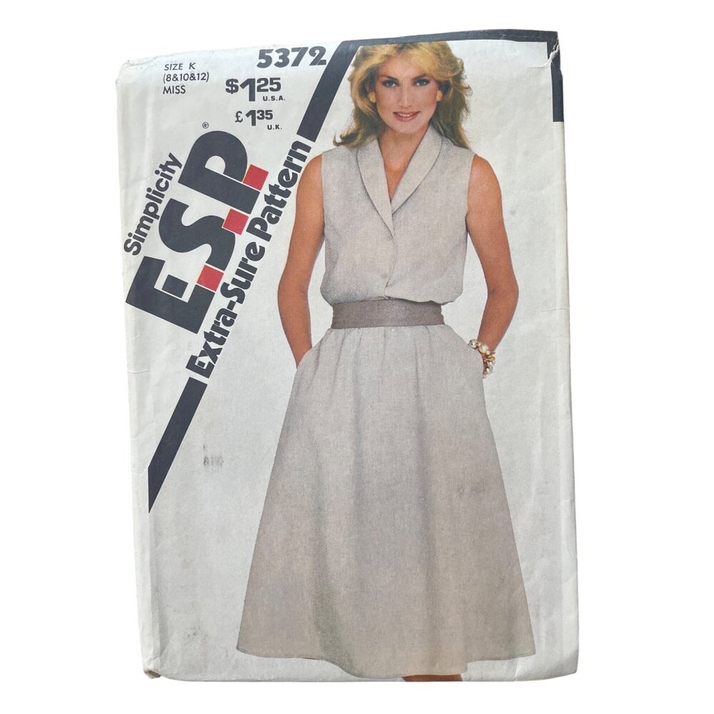 80s Simplicity 5372 ESP Sewing Pattern Size 8-10-12 Misses Pullover Dress CUT